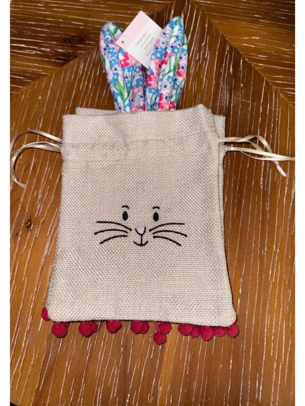Bunny Burlap Drawstring Pouch With Floral Print Ears & Red Pom-Pom Trim Small Gi